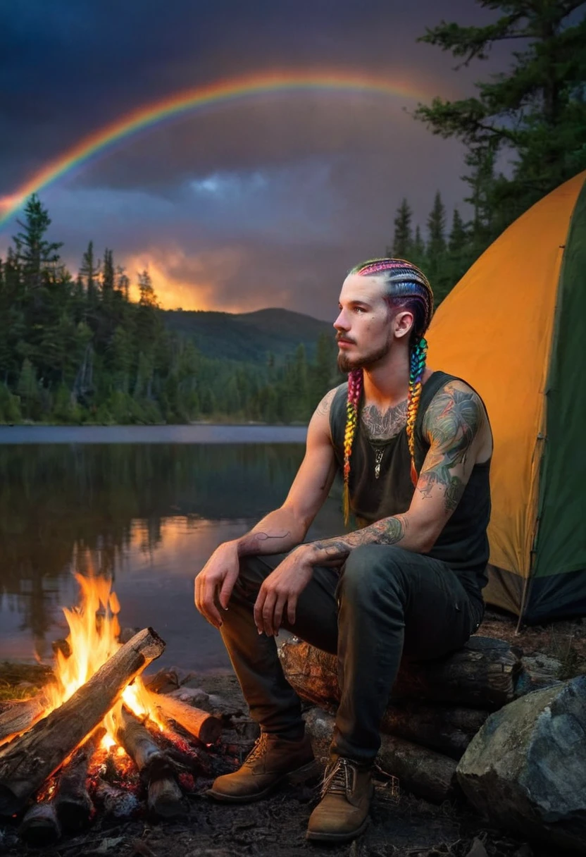 Beneath the star-strewn sky Sean O'Malley sits by the crackling campfire his rainbow braids flickering with the warmth of the flames Around him the wilderness hums with nocturnal life yet Sean remains tranquil his presence a beacon of calm amidst the untamed wilderness <lora:Sean O'Malley UFC fighter:1>