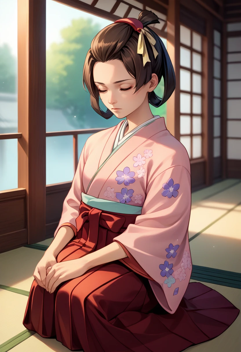 score_9, score_8_up, score_7_up, source_anime, solo, 1girl, mikotoba susato, expressionless, kneeling, brown hair, hair rings, bangs pinned back, hair ribbon, closed eyes, pink kimono, floral print, red hakama, hakama skirt, indoors, east asian architecture <lora:gaa_susatomikotoba_ponyXL:1>