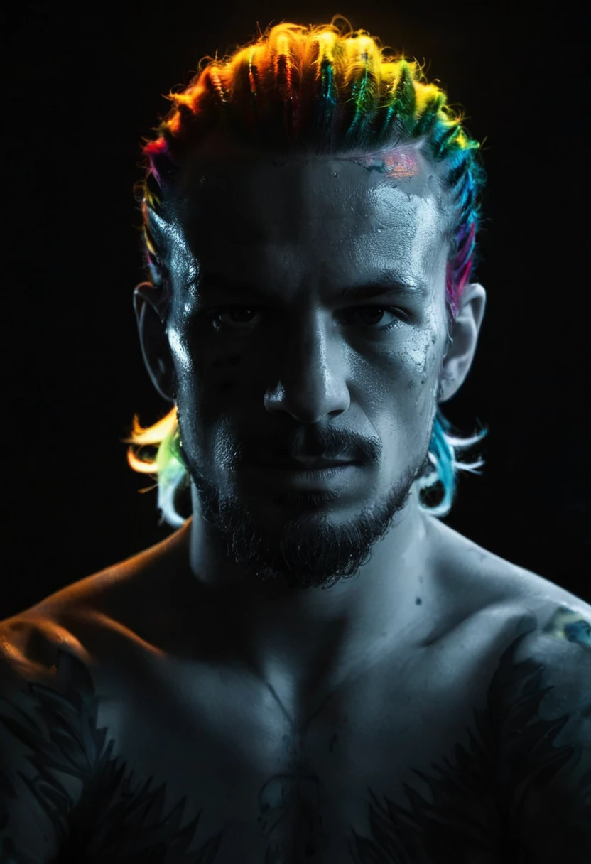 cinematic, ((black and white, monochrome, greyscale)), symmetrical, close up, portrait, photograph, of a Sean O'Malley UFC fighter with glowing rainbow bioluminescent hair, demonic, flaming, on fire, burning, on a dark, dimly lit, lonely, highway, at night, noise, noisy, detailed, high quality, cinematic lighting, contrast, heavy dynamic shadows, atmospheric <lora:Sean O'Malley UFC fighter:1>