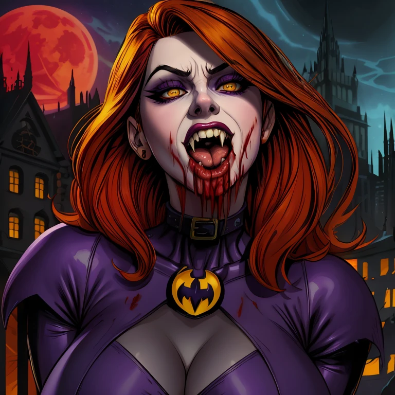 Comic book art, candid, Barbara Gordon, Batgirl, vampire, fangs, (white skin:1.1), long auburn hair, hypnotic (yellow:0.3) eyes, purple costume, (bloody mouth and clothing:1.2), highly detailed, art by Adam Hughes and Bryan Hitch, outdoors, night, Gotham City, blood red moon, gothic horror theme, ominous, corruption, bloodlust, heroine turned evil <lora:LORA-XenoDetailer-v3A:0.3> <lora:VampireFangs_v1.1:1>