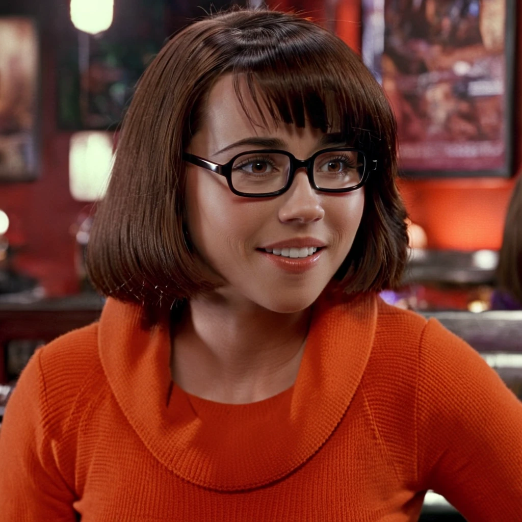 <lora:velmasdxl:1> 1 woman smiling, closeup, at a diner, velmasdxl, glasses, orange sweater, cinematic lighting, best quality, brown bob cut, focus on eyes,