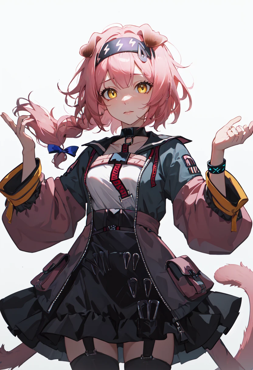 Beautiful woman, Sparkly eyes, false eyelashes, pink lips, big and full breasts, upper arm, Thumb and four fingers, anatomically correct fingers, detailed description, shiny skin, tiger girl, tiger ears, tiger tail, sexy, Tiger print clothing, Jacket, belt, mini skirt, black stockings,
