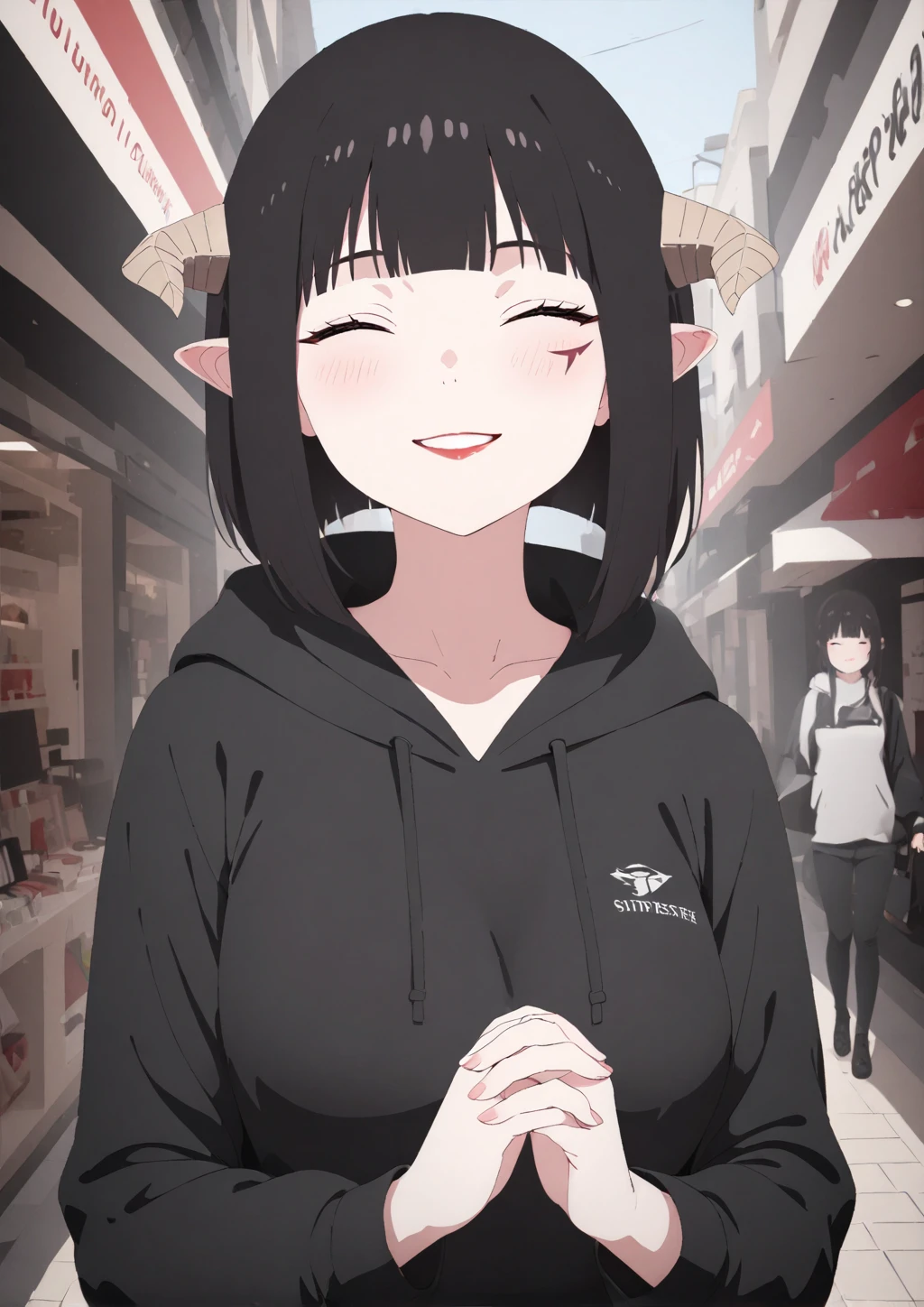 (masterpiece, ultra-detailed,hi-res,8K), 2 girl ,solo,indoor,look at viewer, <lora:SDXL_Torcher_Torture_v1-000012:0.8>TorcherTorture, upper body,glay hoodie cloth,shopping street,smile,close eyes,hold hands,face mark,