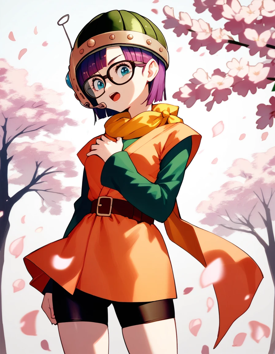 score_9, score_8_up, score_7_up, score_6_up, score_5_up, score_4_up
<lora:chrono-trigger-ponyxl-000027:1> lucca, glasses, scarf, helmet, belt, orange shirt, green sleeves, short over long sleeves, bike shorts
1girl, cherry blossoms, cowboy shot, from side, hand on own chest, looking at viewer, open mouth, petals, raised eyebrows, solo