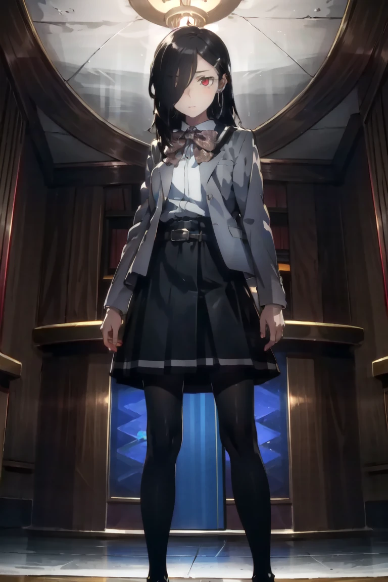 caligulathorn, 1girl, solo, hair over one eye, black hair, long hair, red eyes, hairclip, hoop earrings, earrings, black pantyhose, black skirt, white shirt, grey jacket, belt, bowtie, looking at viewer, standing <lora:ThornX2_2:0.85>