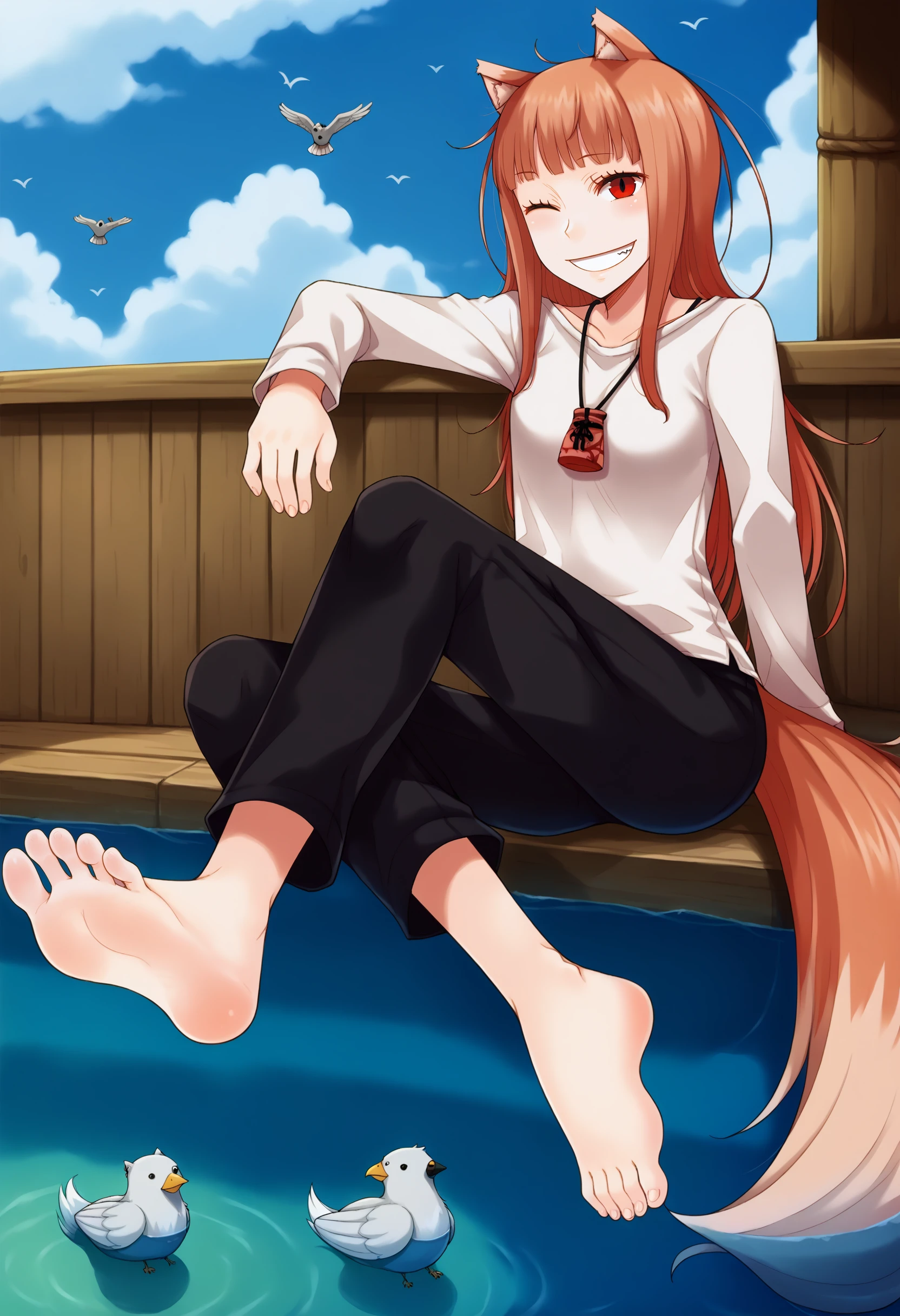 score_9, best quality, masterpiece, uncensored, source_anime
BREAK
1girl, long hair, looking at viewer, smile, shirt, red eyes, long sleeves, animal ears, sitting, tail, outdoors, one eye closed, sky, barefoot, day, pants, cloud, water, grin, feet, blue sky, toes, bird, soles, black pants, wolf ears, wolf tail, wolf girl, soaking feet, holo
<lora:ayakura_juu_pony_v2:1> <lora:sd_xl_dpo_lora_v1:0.8> <lora:sciamano240_pony_v2:0.8>