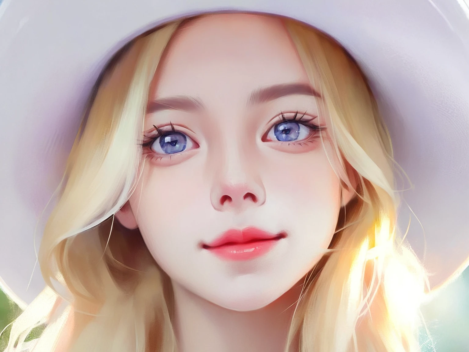 masterpiece,best quality,thick painted style,close-up,female, digital art, portrait, close-up, blue eyes, white hat, blond hair, looking up, natural light, bokeh effect, subtle smile, soft texture, realistic illustration, cool color tone,<lora:ThickCloseUp-000008:0.8>,