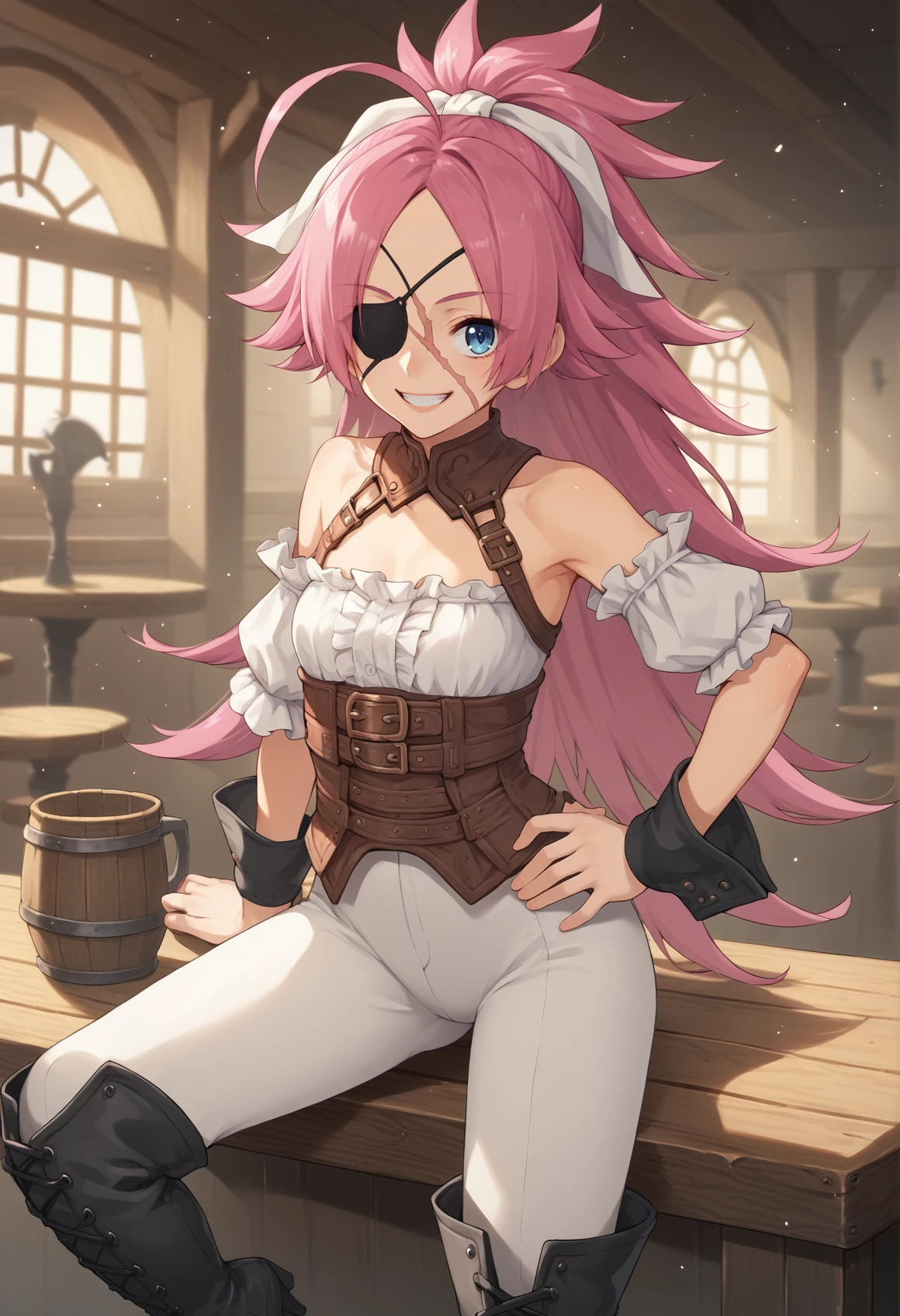 alternate costume, 1girl, breasts, boots, solo, thigh boots, small breasts, age regression, teeth, smile, pink hair, ahoge, scar, long hair, full body, blue eyes, scar on face, eyepatch, pants, white pants, wrist cuffs, thighhighs, high heels, bare shoulders, ponytail, high heel boots, hand on own hip, standing, corset, weapon, black footwear, pirate, belt, cross-laced footwear, indoors, tavern, sitting on the table  <lora:Francis_Drake-000009:1>, score_9, score_8_up, score_7_up, score_6_up, score_5_up, score_4_up, BREAK source_anime, masterpiece