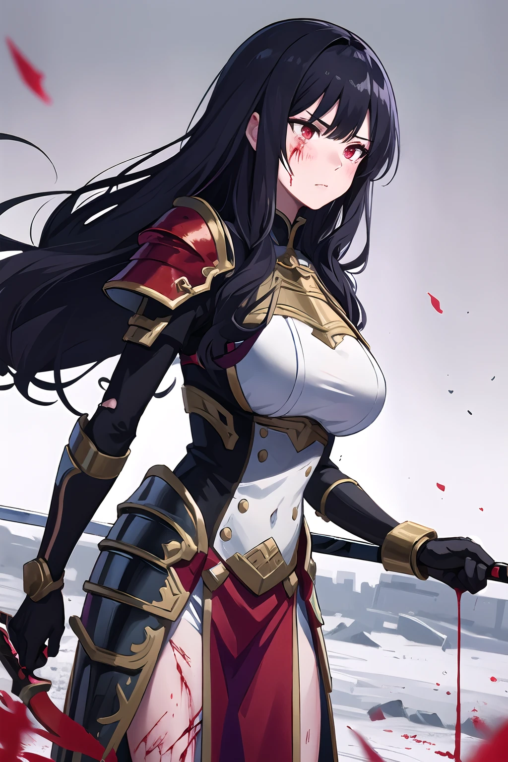 hires,high quality,best quality,1girl, mature female,full blush, black hair, large breasts, very long hair, curly hair, red eyes, pov, torn clothes, blood, lightcuts, blood on face,fantasy, standing, feminine armour, serious expression, looking afar, battlefield, sword in front of face
<lora:light cuts v1:1.0>