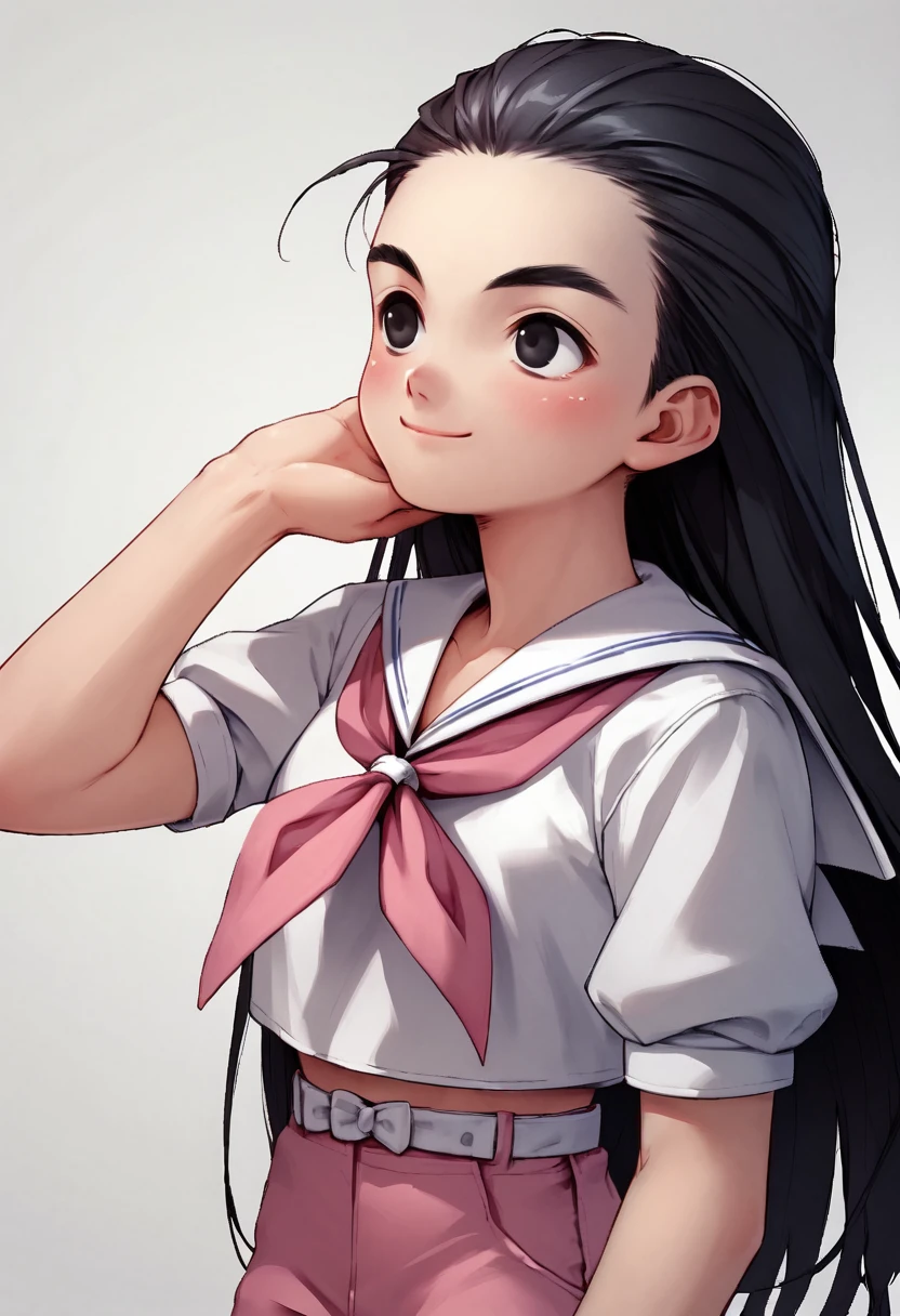 score_9, score_8_up, score_7_up, score_6_up, score_5_up, score_4_up,  source_anime, <lora:super_oume_otane-03:0.9>  1girl, solo, black eyes, hair slicked back, black hair, very long hair, white serafuku, school uniform,pink neckerchief,pink pants,white belt,sailor collar,short sleeves, [sandals:0.5], tall_female, smile, blush