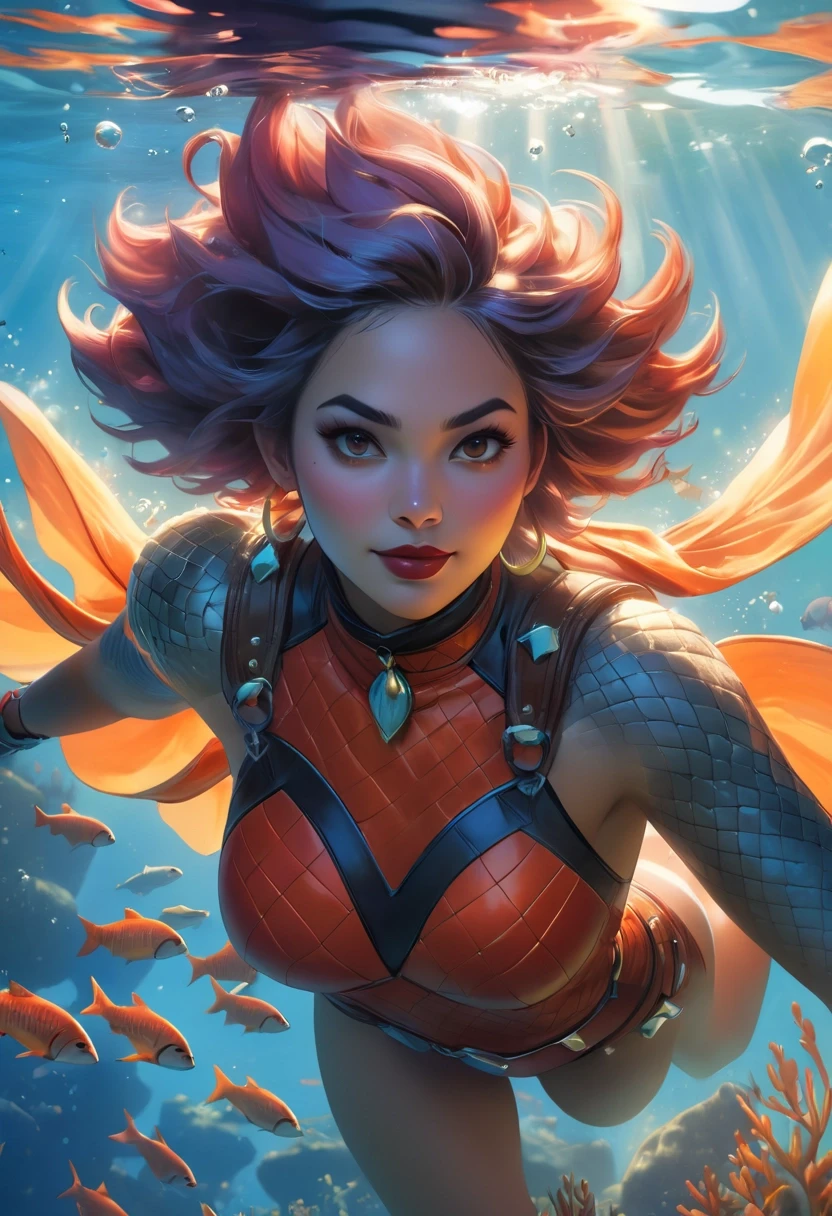 ethereal fantasy concept art of Award-winning digital art featuring an Inuit woman in a vibrant niji style outfit. She embodies the spirit of Harley Quinn while diving underwater at sunset. The artist Steve Argyle skillfully captures her relaxed demeanor amidst stunning visual effects. The use of dark tones against a cream color gradient creates an impressionistic atmosphere enhanced by studio lighting and 80mm lens. This high resolution image showcases every detail from her seductive short hair to her ruff archean roots and fauna. Perfectly crafted using Unity 8k wallpaper Assistant technology. . magnificent, celestial, ethereal, painterly, epic, majestic, magical, fantasy art, cover art, dreamy