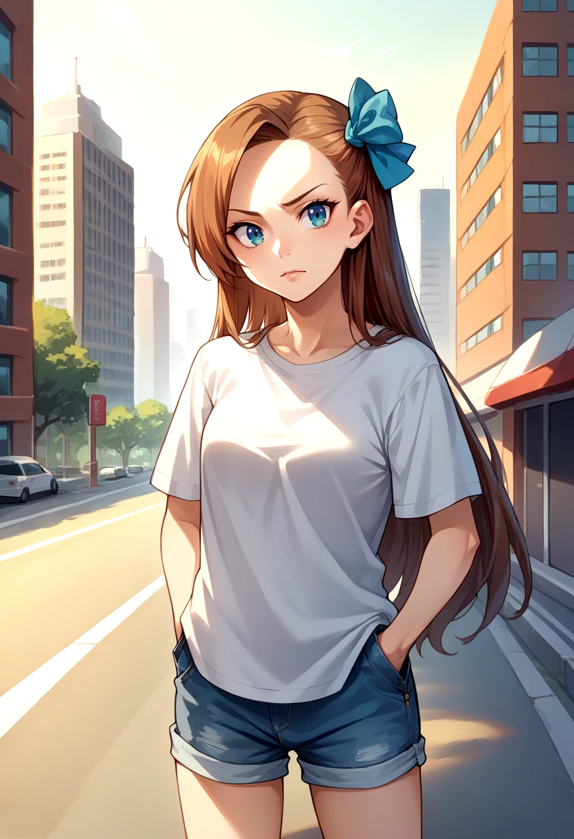 score_9, score_8_up, source_anime, 1girl, RuriMiyamoto, brown hair, bangs, very long hair, ponytail, green eyes, glasses, t-shirt, denim shorts, standing, outdoors, city, hands in pockets, <lora:ChamRuriMiyamotoPonyXL:1>