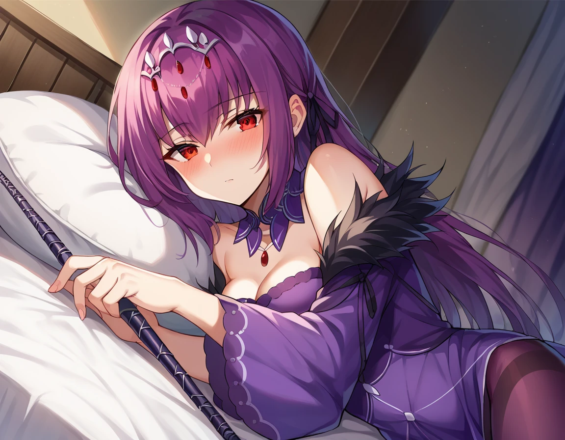 score_9, score_8_up, score_7_up, source_anime,
skadicaster, <lora:skadi-caster-ponyxl-lora-nochekaiser:1>
skadi, long hair, purple hair, red eyes,
dress, fur trim, jewelry, pantyhose, purple dress, red eyes, silver trim, tiara, wand,
indoors, bed, bed room, on side, blush, drunk,
looking at viewer, dutch angle, cowboy shot,