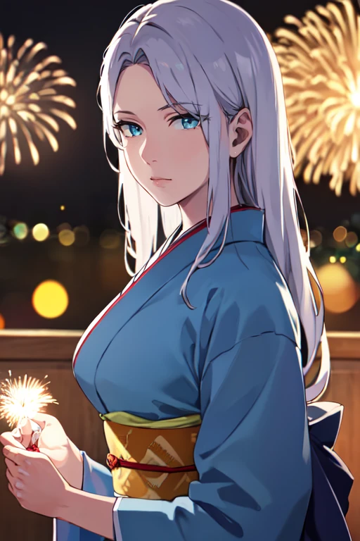 Hyperrealistic art masterpiece, highres,best quality, absurdres, <lora:ZoyaR4:0.7>, ZoyaR4, 1girl, blue eyes, silver hair, long hair, kimono, fireworks . Extremely high-resolution details, photographic, realism pushed to extreme, fine texture, incredibly lifelike