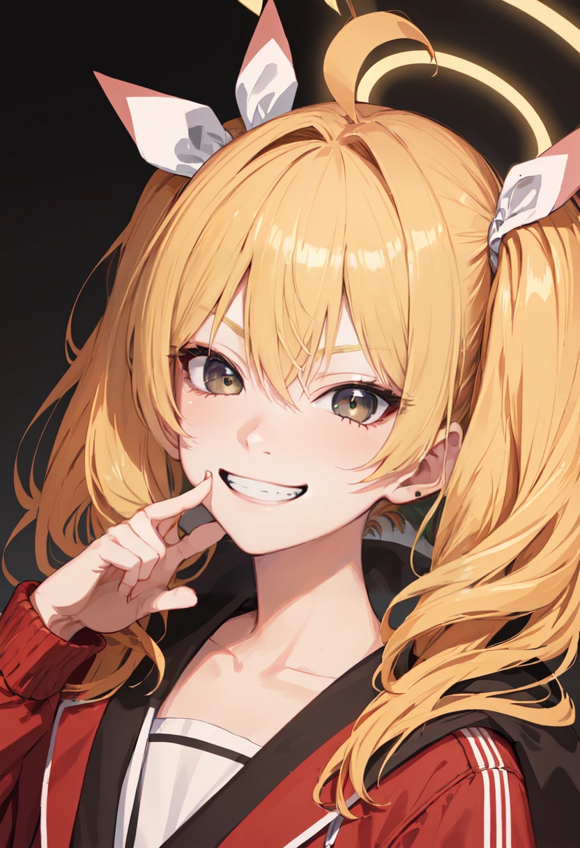 best quality, masterpiece, highres, solo, (yoshimi_bluearchive:1.10), evil grin, evil smile, grin, portrait, looking at viewer, 39 <lora:yoshimi_bluearchive:0.80>