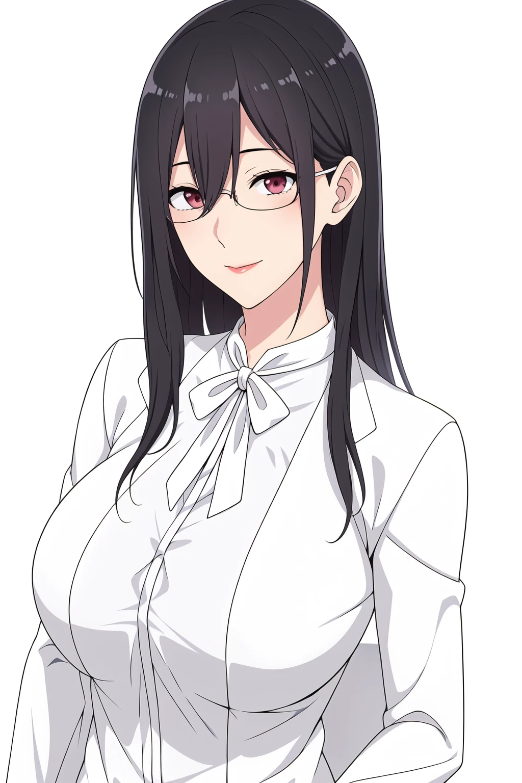 Simple White Background,
dynamic pose,standing at attention,
white Jacket, White Shirt, neck ribbon, 
<lora:Mayuri_Hanyu_25Dimensional-KK77-V1:0.7>,glasses, 
Red eyes, black hair,bangs,Long hair,
<lora:Oda_Non_Style-KK77-V2:0.3>,<lora:more_details:0.1>,
1 girl, 20yo,Young female,Beautiful long legs,Beautiful body,
Beautiful Nose,Beautiful character design, perfect eyes, perfect face,expressive eyes,perfect balance,
looking at viewer,(Focus on her face),closed mouth, (innocent_big_eyes:1.0),(Light_Smile:0.3),
official art,extremely detailed CG unity 8k wallpaper, perfect lighting,Colorful, Bright_Front_face_Lighting,White skin,
(masterpiece:1.0),(best_quality:1.0), ultra high res,4K,ultra-detailed,
photography, 8K, HDR, highres, absurdres:1.2, Kodak portra 400, film grain, blurry background, bokeh:1.2, lens flare, (vibrant_color:1.2),professional photograph,
(Beautiful,large_Breasts:1.4), (beautiful_face:1.5),(narrow_waist),