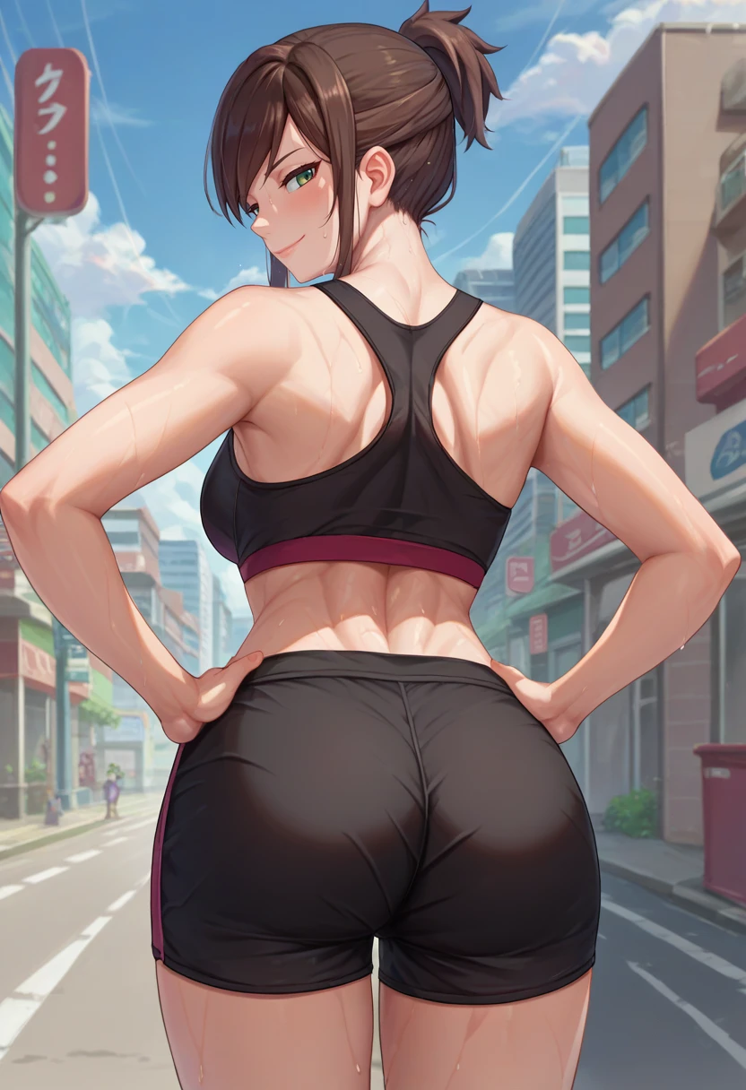 score_9, score_8_up, score_7_up, source_anime, from behind, solo, 1girl, ema skye, sweat, seductive smile, looking back, hands on hips, half updo, black sports bra, black shorts, ass, outdoors, city street <lora:aa_emaskye_ponyXL:1>