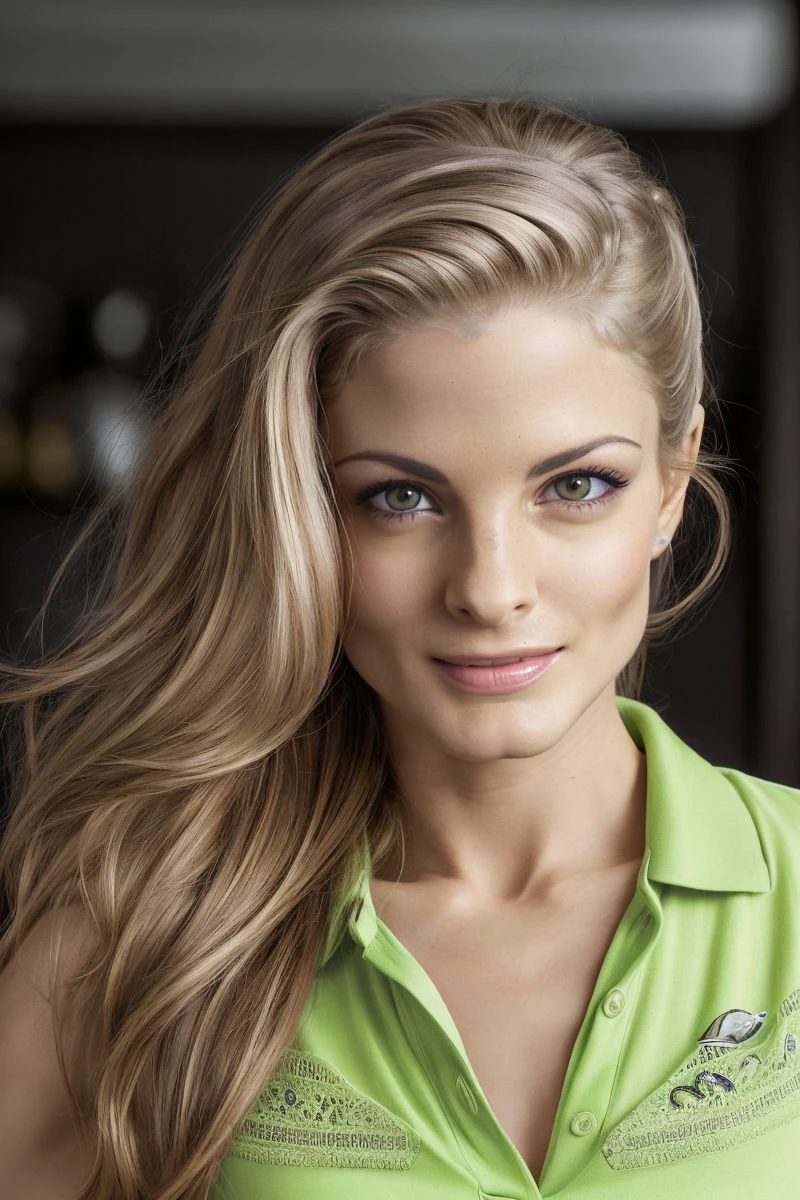 headshot of S361_CayenneKlein,a stylish woman,in a (restaurant:1.1),wearing a (polo-shirt:1.1),(4k, RAW photo, best quality, 35mm, depth of field, ultra high res:1.1),(absurdres, intricate, photorealistic, cinematic-shot, masterpiece, ultra-detailed:1.1),