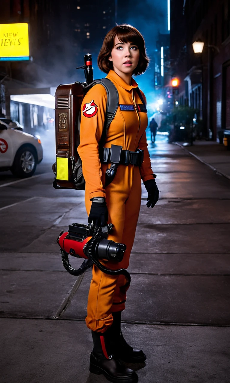 <lora:velmasdxl:0.8>, velmasdxl, girl dressed as a Ghostbuster posing on sidewalk, cinematic lighting, best quality, brown bob cut, focus on eyes, powerpack, brown jumpsuit, backpack, new york, dark, dim lighting, coveralls, holding blaster,