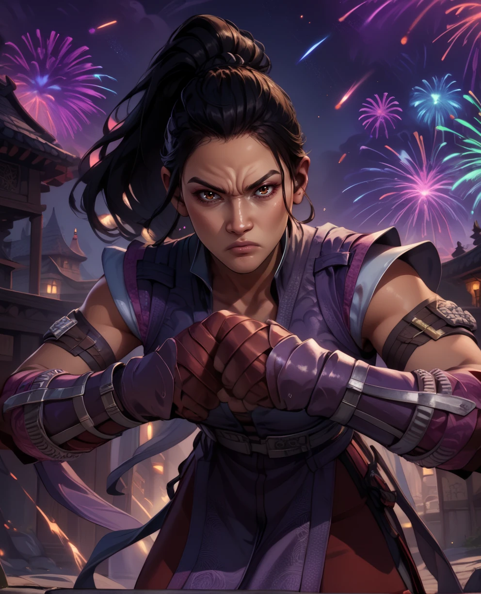 score_9,score_8_up,score_7_up,score_6_up,
limeixl,black hair,brown eyes,ponytail,dress,(pelvic curtain:1.1),
siiting,upper body,leaning forward,serious,
vest,(red pants:0.8),purple gauntlets,fighting stance,
looking at viewer,
fantasy,night,purple fireworks,
<lora:LiMeiMK1:1>,solo,