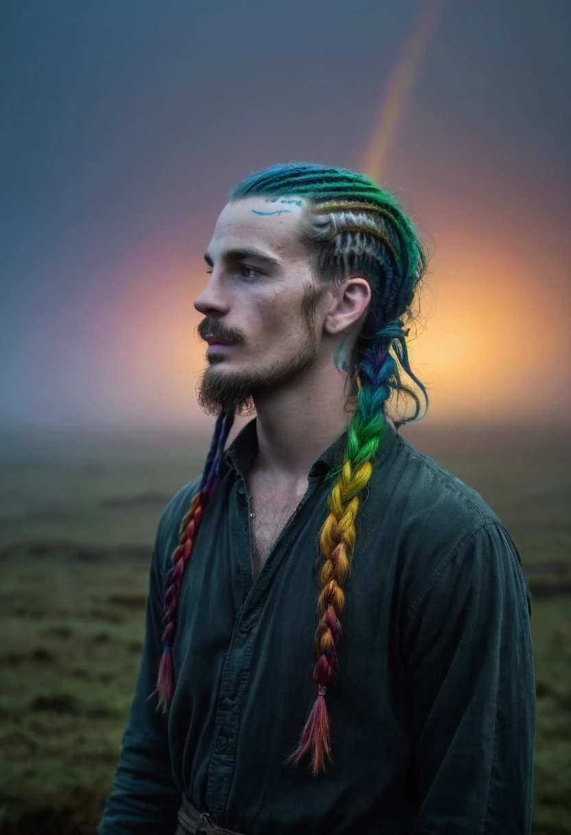 Amidst the dense fog that blankets the desolate moor Sean O'Malley stands solitary his vibrant rainbow hair illuminated by the faint moonlight The mist swirls around him casting an ethereal glow upon his braided locks as he gazes into the abyss his eyes gleaming with determination and a hint of mystery <lora:Sean O'Malley UFC fighter:1>