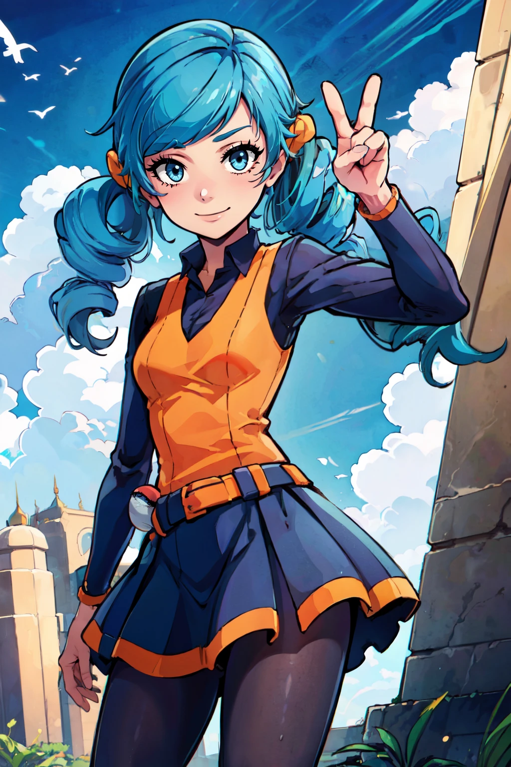 ((masterpiece,best quality)), absurdres,   <lora:Peace_Pose:1>, v,  <lora:Ace_Trainer_Pokemon_BW:0.6>,   ace trainer (pokemon), blue hair, blue eyes, drill hair, smile,   orange vest, belt, skirt, black pantyhose, knee boots, scrunchie,   contrapposto, cowboy shot,