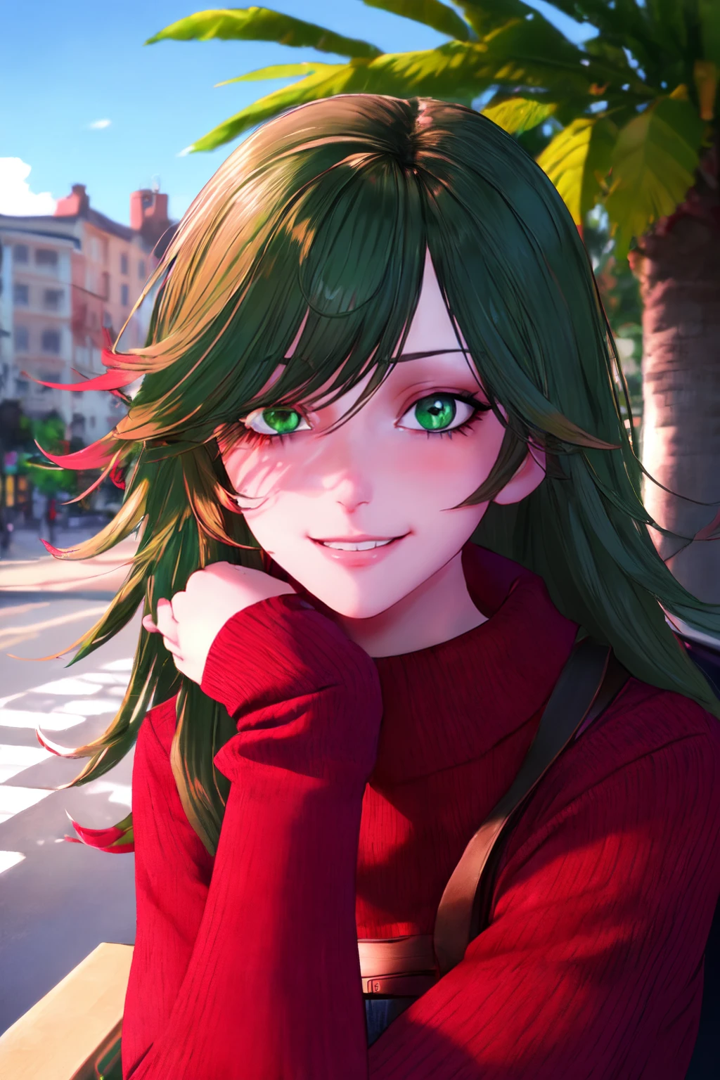 beautiful eyes, beautiful girl, high detail skin, high detail eyes, high detail hair, highres, ultra detailed, sharpen picture, Highly detailed, masterpiece, best quality, photorealistic,
 <lora:DealerLora:0.7>1girl,long hair, green eyes, red sweater, on a busstop, palms, sunny, blue sky, cute smile, from side, portrait