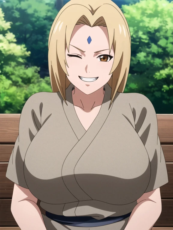 1girl, solo focus, eye focus, brown eyes, upper body focus, victory pose, grin, looking at viewer, beautiful background, very flirty, one eye closed, mature female, huge breasts, large breasts, <lora:TsuLora:1.2> Senju Tsunade, sitting in a bench at park, masterpiece, best quality, high quality