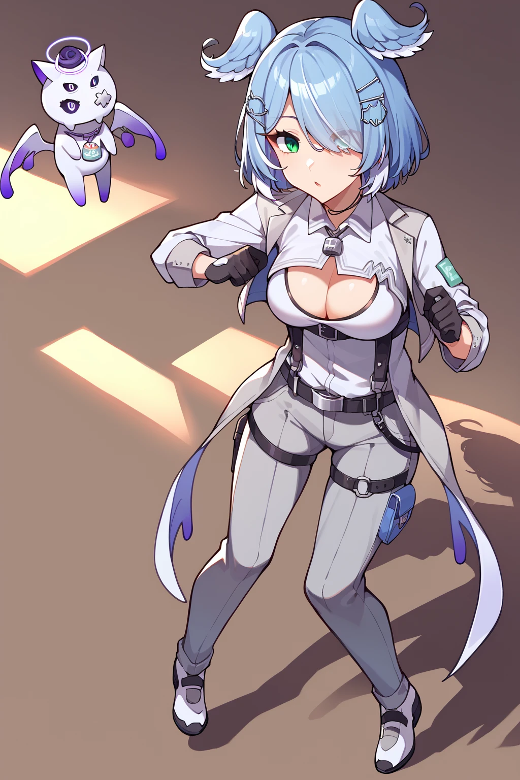 score_9, score_8_up, score_7_up, uncensored, source_anime, 1girl, <lora:speliraPendoraXLPony:1> elira4st, short hair, green eyes, heterochromia, hairclip, hair ornament, one eye covered, cleavage, cleavage cutout, white shirt, black gloves, jacket, grey pants, belt, thigh strap, floating, full body, halo, shadow, signature