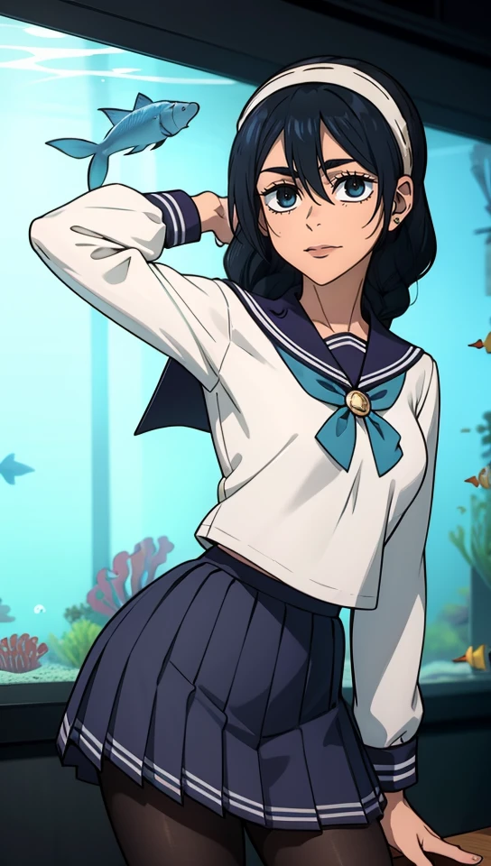 masterpiece, best quality, high resolution, highly detailed, HDR, intricate detail, ultra detailed,
BREAK
 <lora:Riko Amanai:0.6>_black hair_braids_hairband_perfect small breast,
BREAK
pleated skirt, pantyhose, school uniform,hairband, bolo tie
BREAK
(aquarium:1.4)
BREAK
(arm_behind_head:1.4)