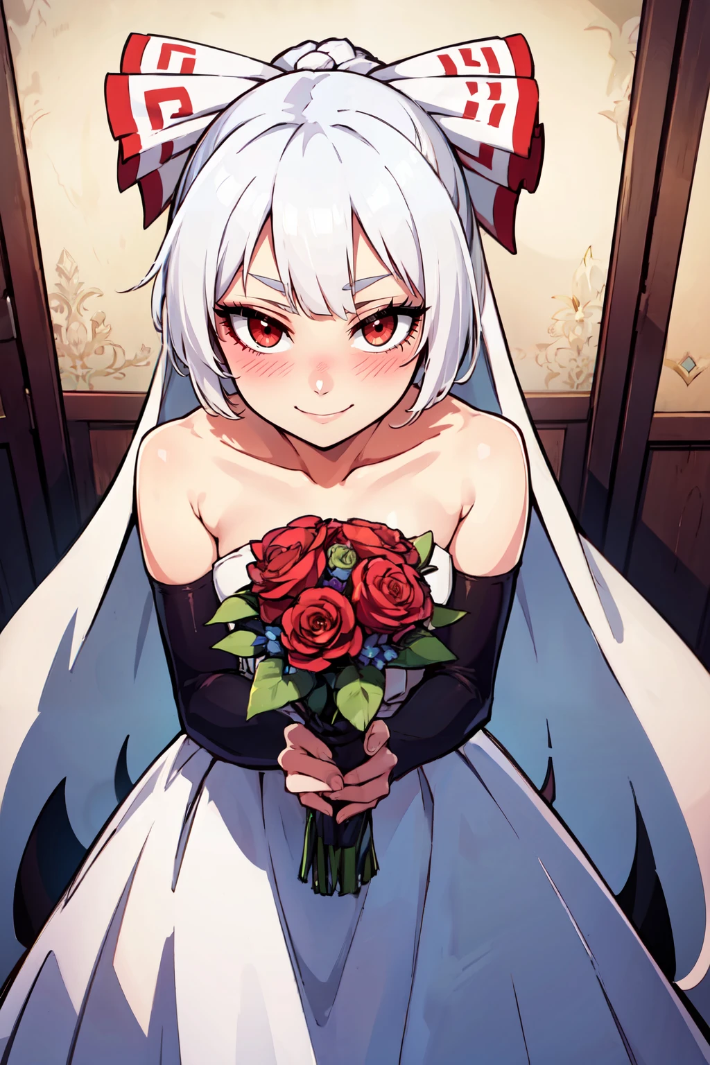 ((masterpiece,best quality)), absurdres, <lora:Fujiwara_no_Mokou:0.8>, fujiwara no mokou, white hair, red eyes, hime cut, very long hair, bride, wedding dress, bridal veil, strapless dress, elbow gloves, holding bouquet, solo, smile, blush, leaning forward, looking at viewer, cowboy shot,
