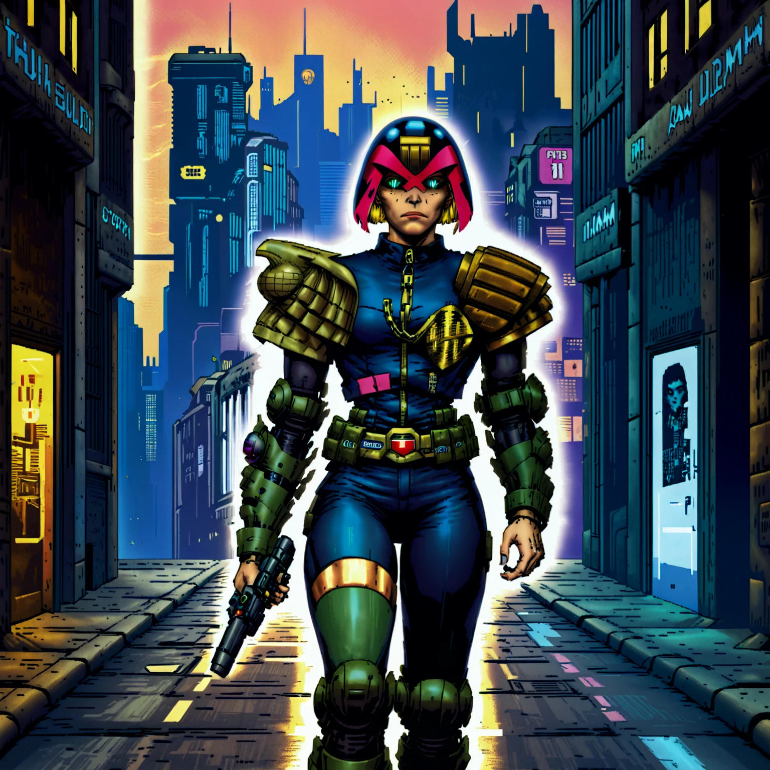 1girl, judge anderson walking down a street alone with a pistol in her hand, in armor and uniform, wearing a helmet, jdgdrddcom, cyberpunk, comic, cityscape, looking at viewer