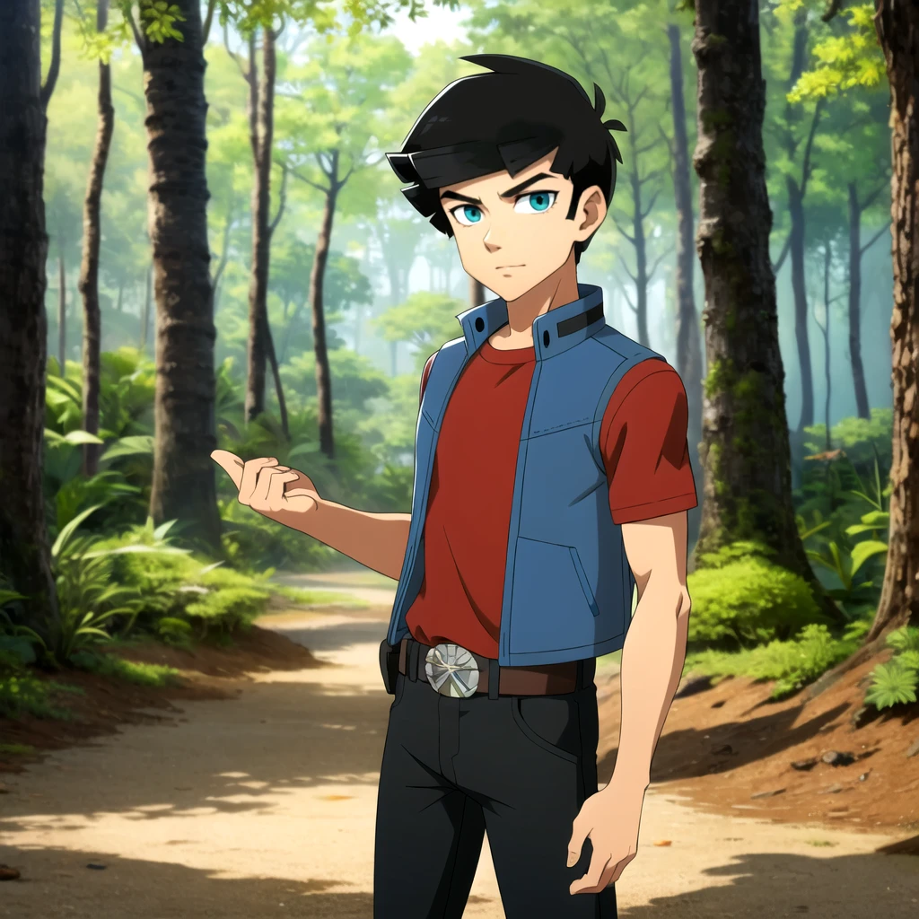 solo, 1boy, Ky Stax,  blue eyes, black hair,  vest, red shirt,    belt,  black pants,   <lora:Ky_Stax_Redakai_Leaf1:0.6>, cowboy shot, looking at viewer,  forest,