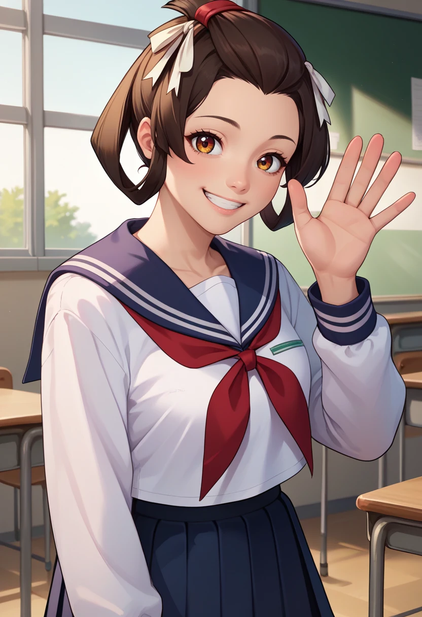 score_9, score_8_up, score_7_up, source_anime, solo, 1girl, mikotoba susato, smile, looking at viewer, waving, brown hair, hair rings, bangs pinned back, hair ribbon, school uniform, serafuku, white shirt, long sleeves, red neckerchief, pleated skirt, indoors, classroom <lora:gaa_susatomikotoba_ponyXL:1>