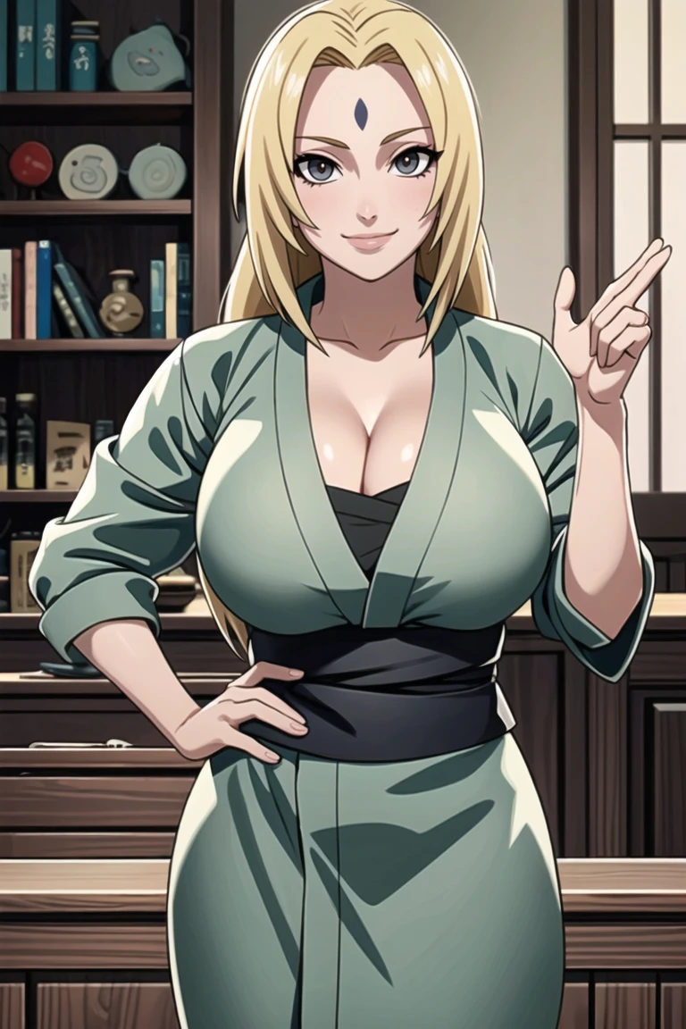 1girl, solo, blonde hair, long hair, upper body, cleavage, looking at viewer, smile, makeup, standing pose, huge breasts, mature female, forehead mark, forehead jewel, indoors modern house, Senju_Tsunade, 2_tsunade, 8_normal, tsunade, dataset1, DonePictures, Tsunade_NS_CJ, train_data, Tsunade_char, img, 100_tsunade, <lora:TsunadeL:1.5>, masterpiece, best quality, high quality