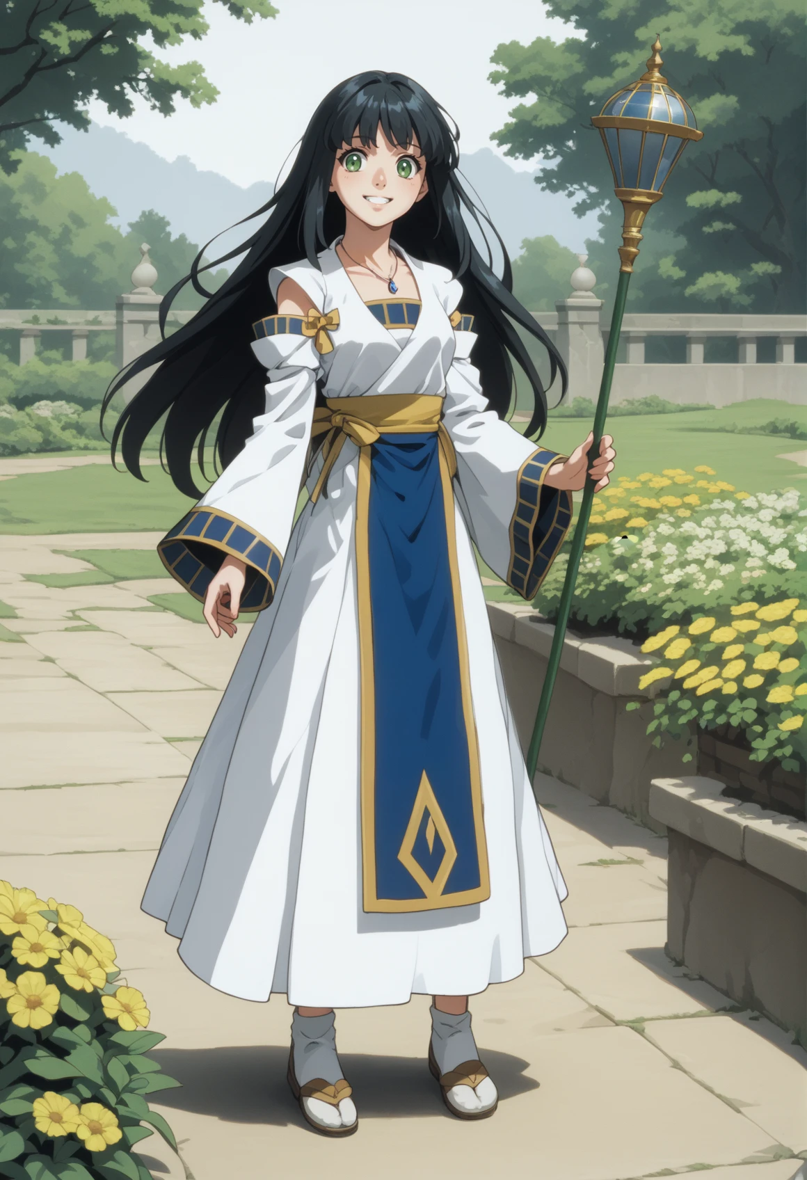 1girl, solo, black hair, long hair, pendant, green eyes, white dress, long sleeves, wide sleeves, detached sleeves, bare shoulders, bridal gauntlets, holding staff, smile, outdoors, full body, cowboy shot, garden  <lora:Viki_Suikoden_II_XL-v2:1>, score_9, score_8_up, score_7_up, score_6_up, score_5_up, score_4_up, BREAK source_anime, masterpiece