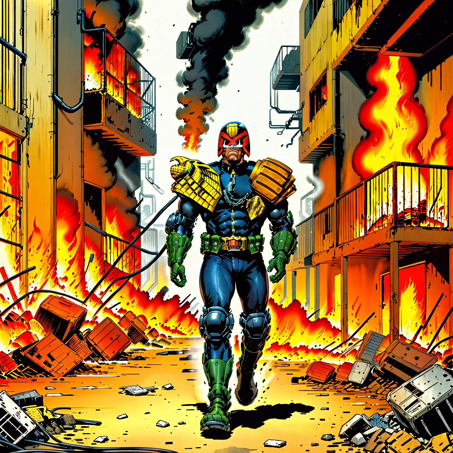 judge dredd running through a burning apartment complex in armor and uniform wearing a helmet, jdgdrddcom, cyberpunk, flames, fire, debris, smoke, sparks, embers, pipes, ducts, cables, filth, furniture, barricades,