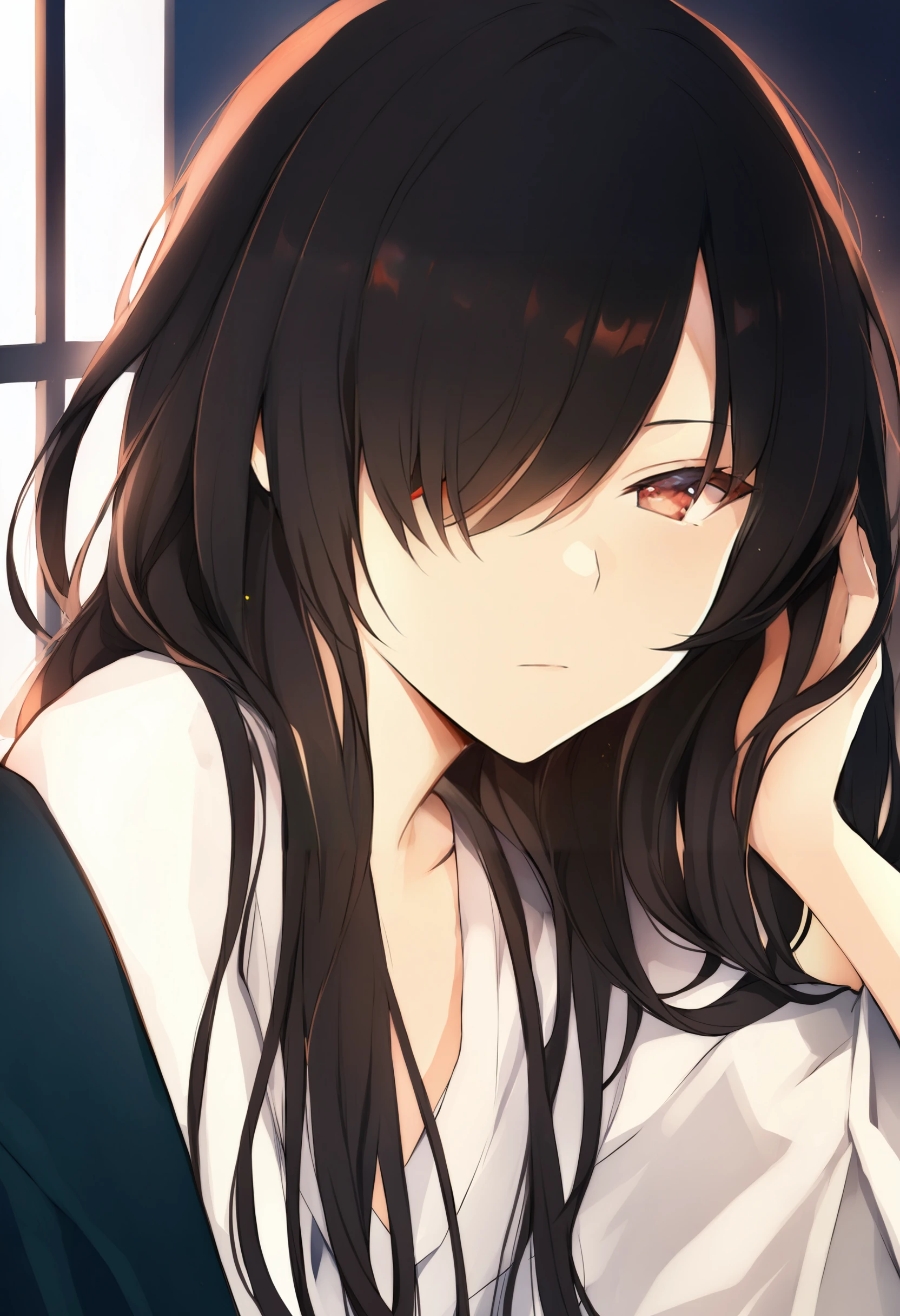 best quality, masterpiece,solo, red eyes, 1girl, bangs, black hair, upper body, looking at viewer, long hair, closed mouth, hair over one eye ,_èæ¯
 <lora:lpmyaXLlokr4f-000143:1>