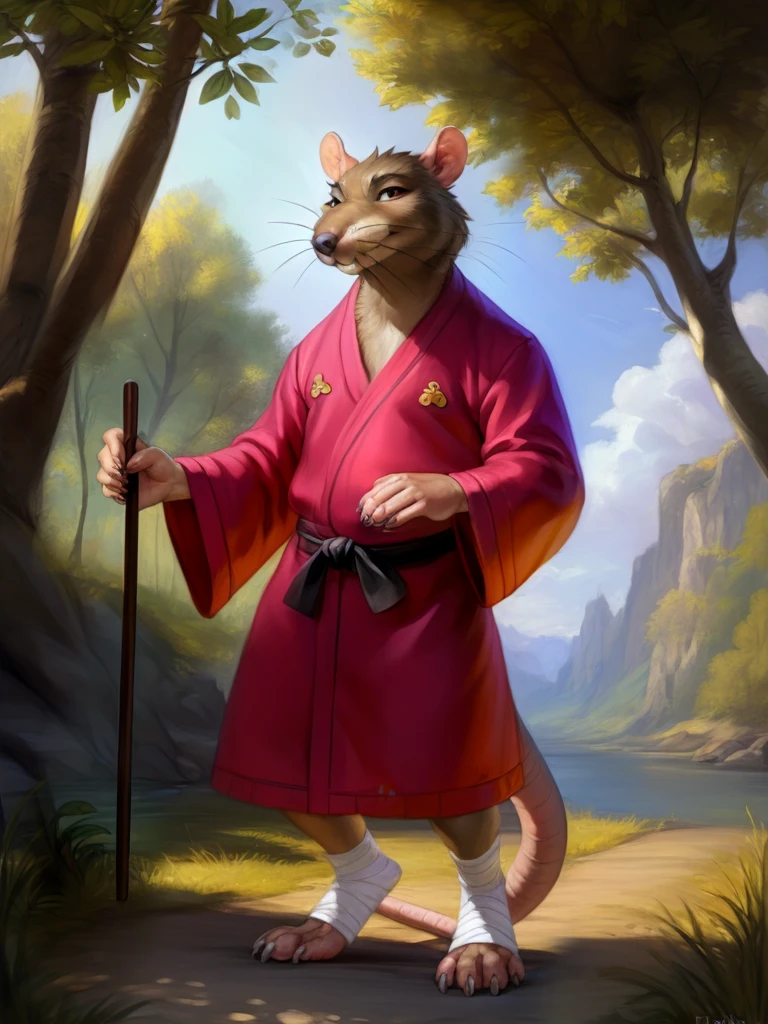  <lora:SplinterRatCartoflurock1:1> SplinterRatCartoflurock1, Rat, Red robe, black belt, leg bands, Leans on a cane
solo,  black eyes,   looking at viewer,  (beautiful, aesthetic, perfect, delicate, intricate, masterpiece,)
uploaded on e621, textured fur, furry,  [The sun is shining, nature, forest, river, trees, grass, road, sky with clouds,]
by Floris van Dyck, by Anna Razumovskaya, by Pino Daeni, by Ulitochka, by Ruan Jia