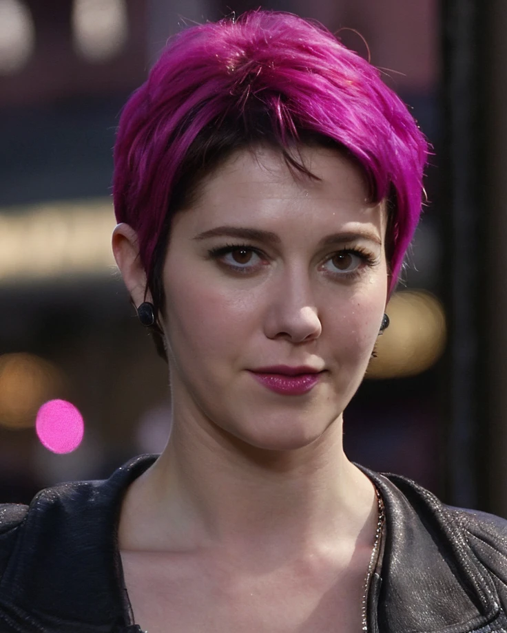 a picture of (ohwx woman:1.1), pink short bob hair,realistic, photorealistic, detailed skin, surface scattering, bokeh, skin pores, city streets,wearing a jacket,outdoors, <lora:maryElizabeth15:1>looking at viewer,detailed face,subtle smile