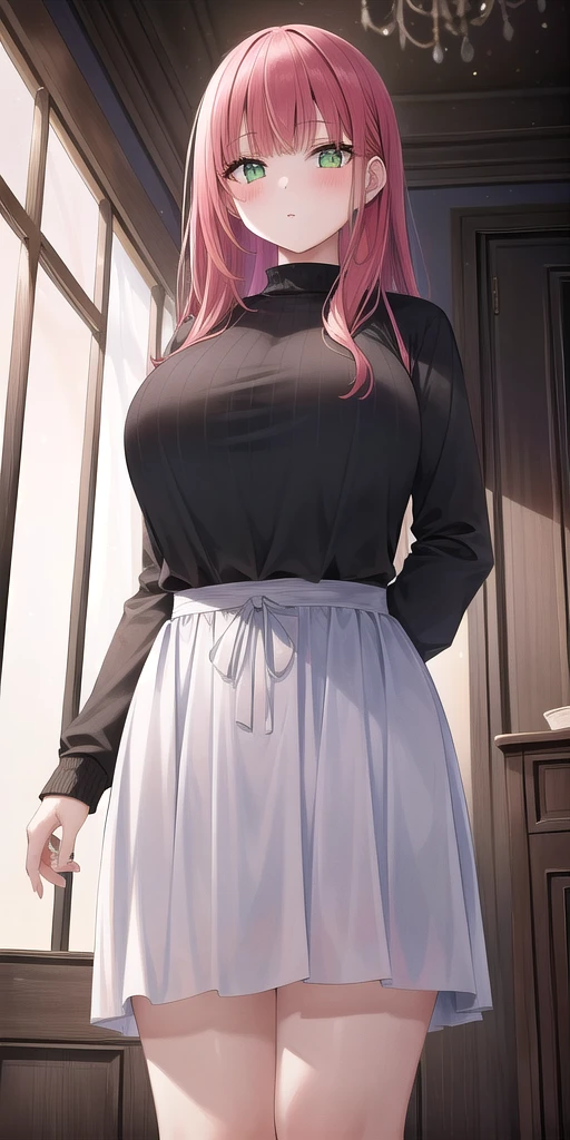 1girl, red_hair, green_eyes, huge_breasts, standing, solo, sweater, <lora:AboveBelowView:-4>, masterpiece, best_quality, detailed_face, detailed_eyes, highres, beautiful, detailed, absurdres,