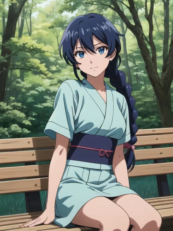 ((illustration, 90s, 1990s, anime)), 40_anime, 8_MakimachiMisao, dataset, 1girl, single braid, black hair, long hair, blue eyes, japanese clothes, short sleeves, blue short kimono, pink bow, sash, looking at viewer, expressive face details, outdoors of a beautiful forest, makimachi misao, sitting in a bench in a beautiful park, <lora:Makimachi Misao S:1.1>, masterpiece, best quality, high quality