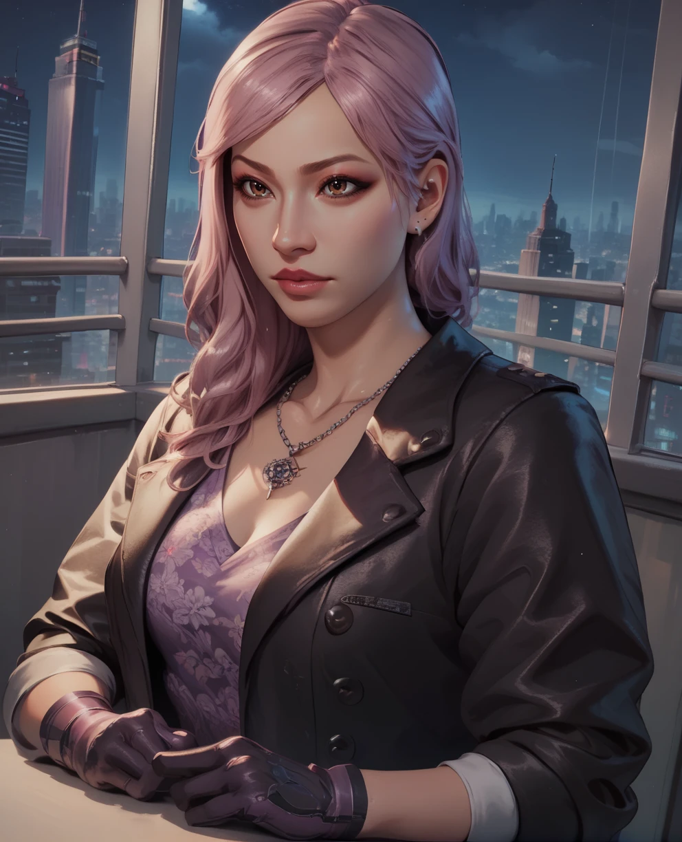 score_9,score_8_up,score_7_up,score_6_up,
seonhee,long hair,brown eyes,pink hair,makeup,
jewelry,gloves,necklace,black jacket purple floral print shirt,
cityscape,night,indoors,
<lora:Seong-Hui:0.8>,