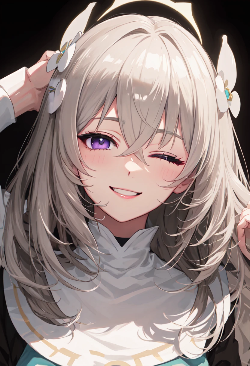 best quality, masterpiece, highres, solo, (sakurako_bluearchive:1.10), smile, happy, one eye closed, portrait, looking at viewer, 35 <lora:sakurako_bluearchive:0.80>