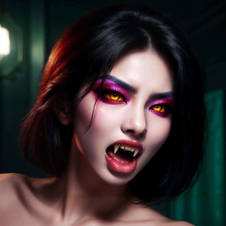 close-up portrait, sexy [ Korean | Nepalese ] vampire, bared fangs, pale skin, hypnotic (yellow:0.6) eyes, modern fashion, makeup, dim lighting, cool color tones, suspenseful mood, seductive, vicious, hungry <lora:VampireFangs_v1.1:1> <lora:LORA-XenoDetailer-v3A:0.3>