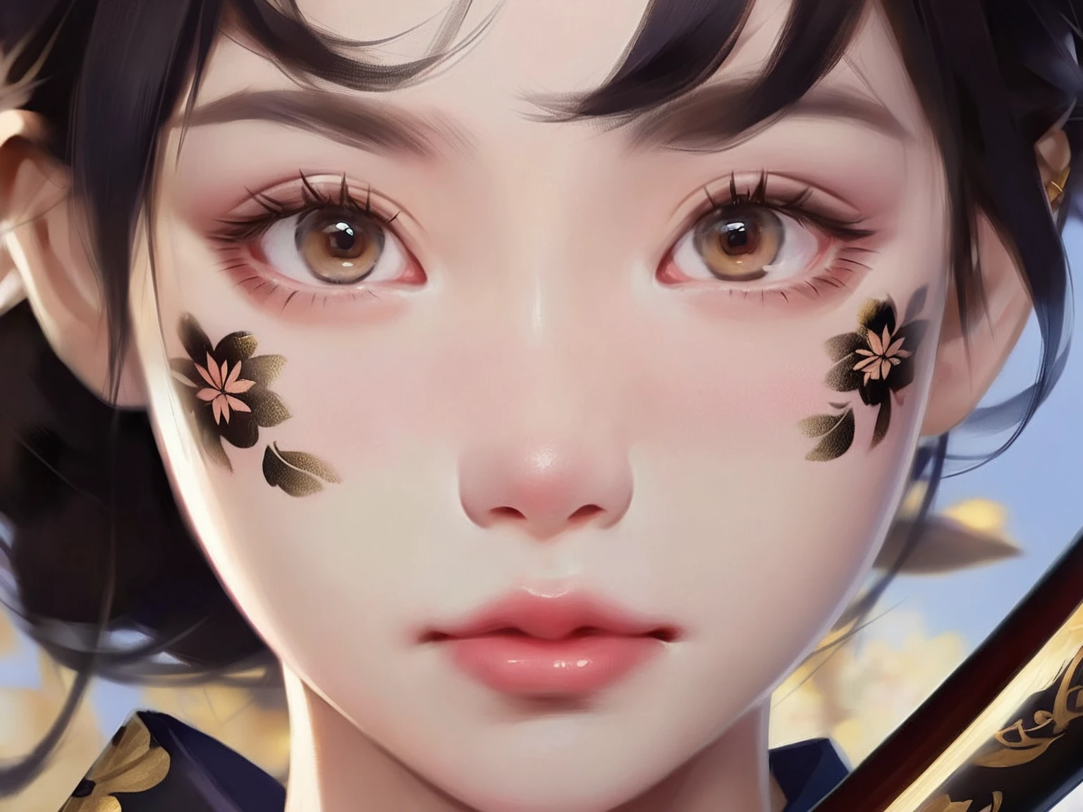 masterpiece,best quality,thick painted style,close-up,female,anime character,portrait,digital art,blue sky background,short black hair,large eyes,brown eyes,glossy lips,reflective eyes,subtle blush on cheeks,tattoo on collarbone,floral tattoo,black kimono,gold pattern on kimono,holding katana hilt,katana partially visible,soft lighting,high-resolution image,detailed texture,serene expression,youthful appearance,clear skin,<lora:ThickCloseUp-000008:0.8>,