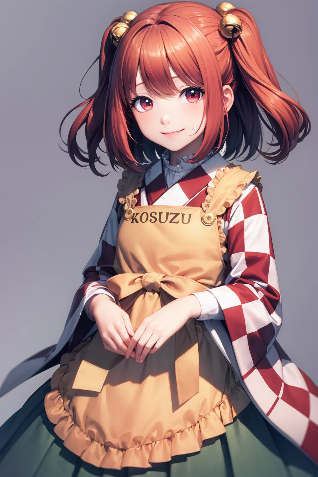 masterpiece, best quality, <lora:MotooriKosuzu:1>,motoori kosuzu, 
1girl,solo,red hair,two side up, hair bell,red eyes,checkered clothes, japanese clothes, kimono,wide sleeves, apron,clothes writing,
cowboy shot, grey background, smile,