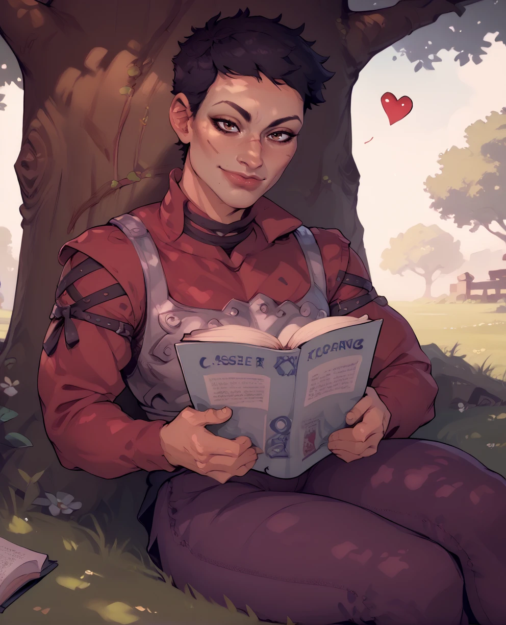 score_9,score_8_up,score_7_up,
cassandraxl,brown eyes,very short black hair,scar on left cheek,
breastplate,red undershirt,purple sleeves,purple pants,
reading a romantic novel with hearts on cover,outside,under a tree,shade,
sitting on grass,seductive smile,
<lora:Cassandra131:1>,