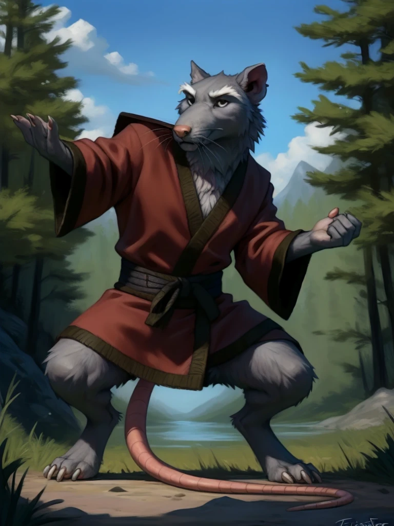  <lora:SplinterHamatoYoshiNGYiFlufrock:1>  SplinterHamatoYoshiNGYiFlufrock, Rat, Red robe, black belt,
solo,  black eyes,   looking at viewer,  (fighting stance), (beautiful, aesthetic, perfect, delicate, intricate, masterpiece,)
uploaded on e621, textured fur, furry,  [The sun is shining, nature, forest, river, trees, grass, road, sky with clouds,]
by taran fiddler, by cynicalstarr, by personalami,