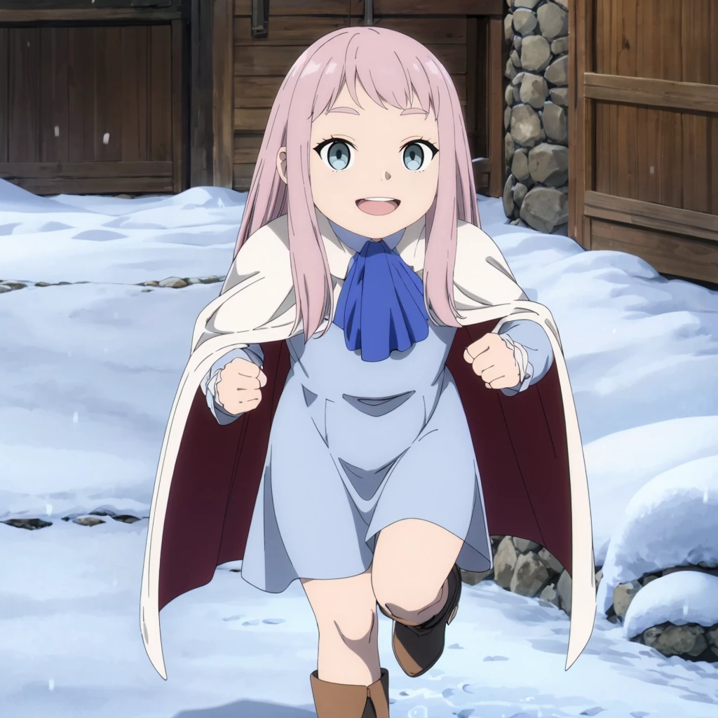 <lora:ChiefofSwordVillage002:0.7>,<lora:add_detail:0.5>,<lora:noline:0.3>,<lora:boldline:-0.3>,looking at viewer,smile,open mouth,
ChiefofSwordVillage,1girl,child,pink hair,long hair,grey eyes,
capelet,white cape,(long cape:1.3),blue dress,ascot,
long_skirt,
snow,village,(running:1.2),boots,